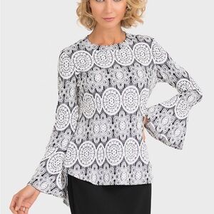 Joseph Ribkoff Black & White Lace-Pattern Bell Sleeve Top